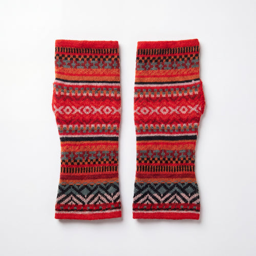 Red Alpaca Fingerless Gloves - Fair Isle Style