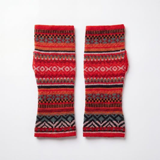 Red Alpaca Fingerless Gloves - Fair Isle Style