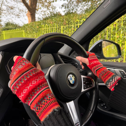 Red Alpaca Fingerless Gloves - Fair Isle Style