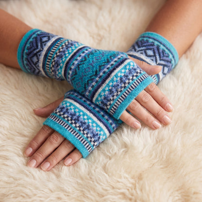 Turquoise Alpaca Fingerless Gloves - Fair Isle Style