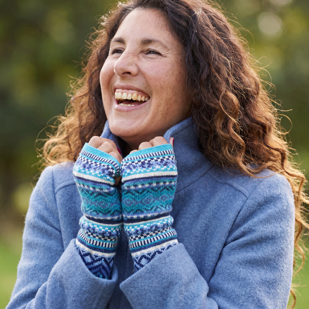 Turquoise Alpaca Fingerless Gloves - Fair Isle Style