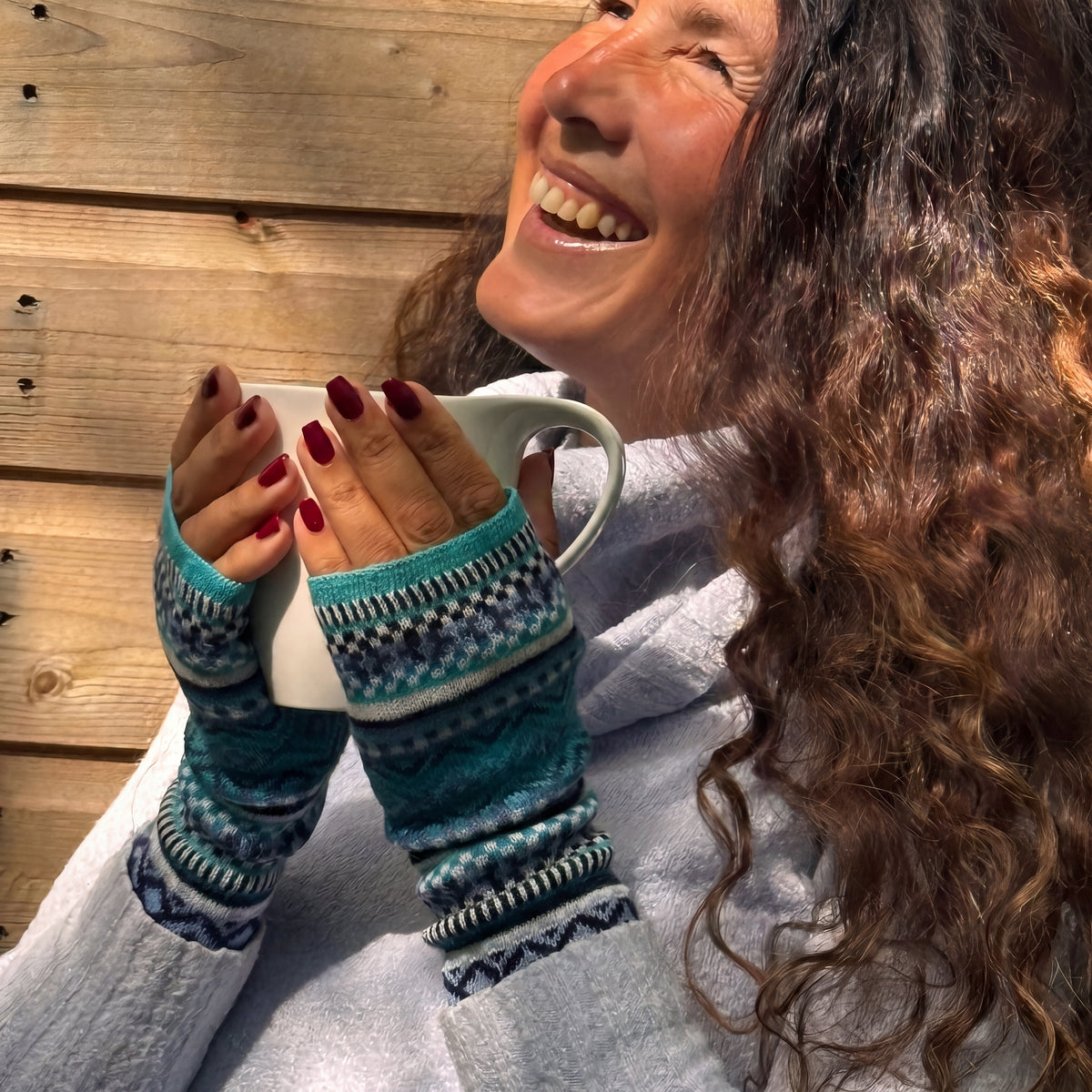 Turquoise Alpaca Fingerless Gloves - Fair Isle Style