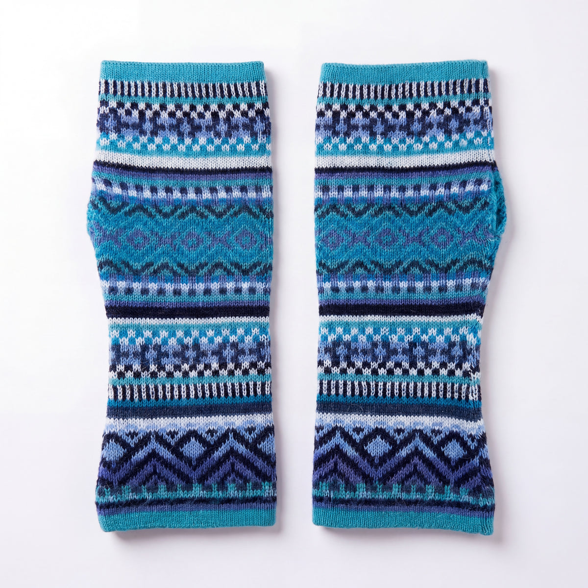 Turquoise Alpaca Fingerless Gloves - Fair Isle Style