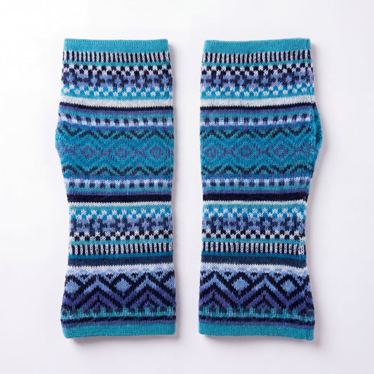 Turquoise Alpaca Fingerless Gloves - Fair Isle Style