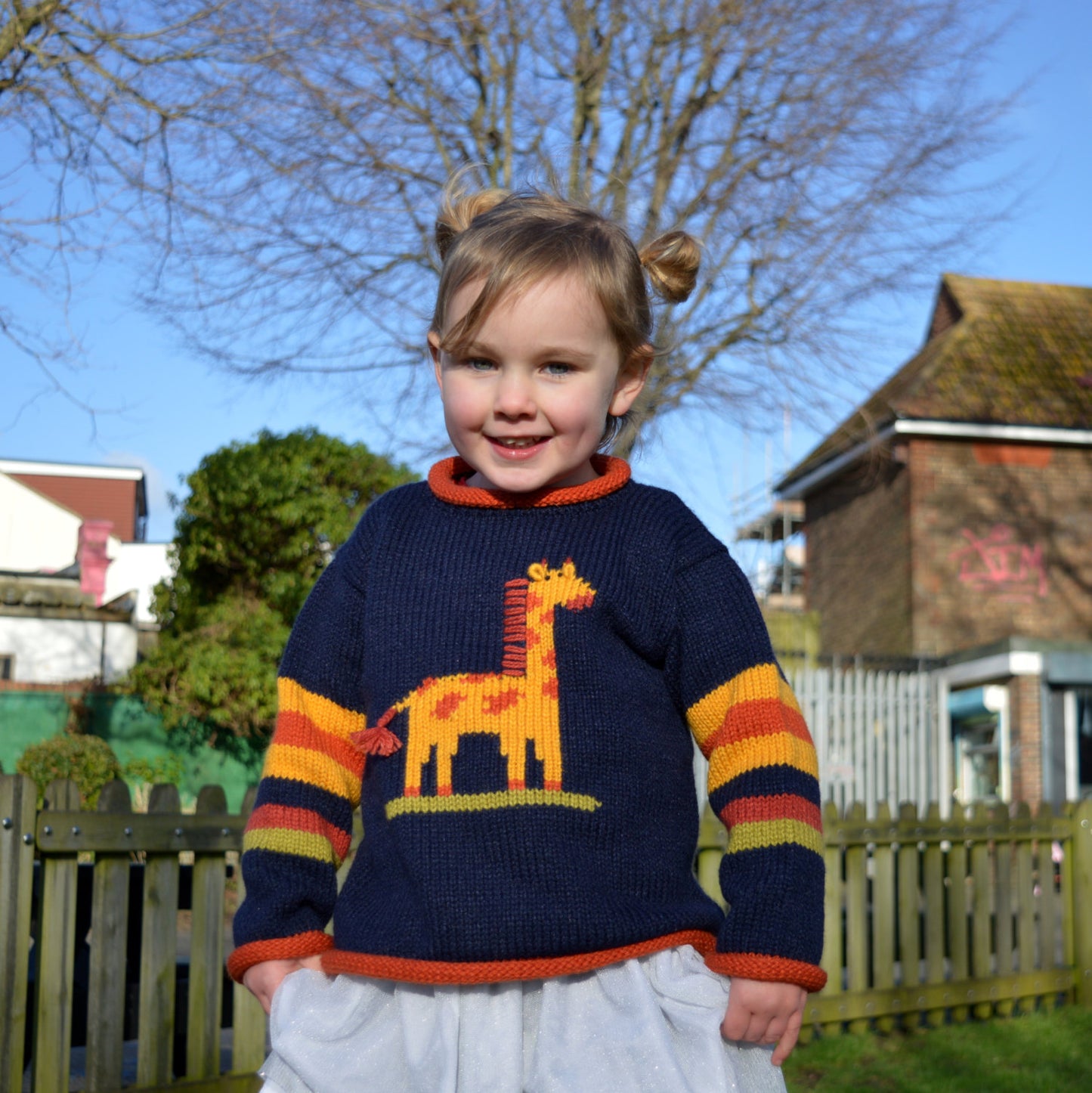 Toddler knit sweater, children knitted jumper, Alpaca wool Jumper, Blue Jumper, Giraffe Girl Pullover, Boy giraffe motif jumper