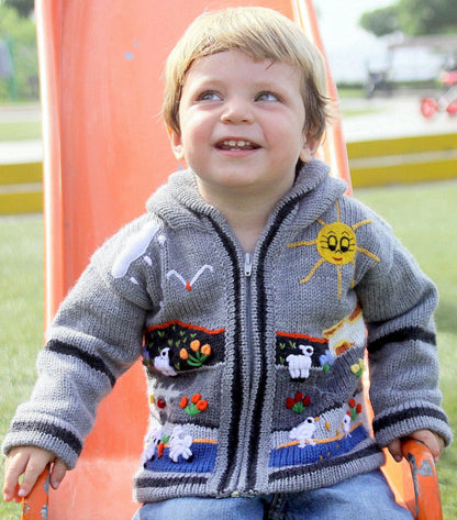 Boy/Baby/Children/Kids Grey fleece lined knitted Cardigan/Sweater/Jacket/Coat with hand embroidered applications