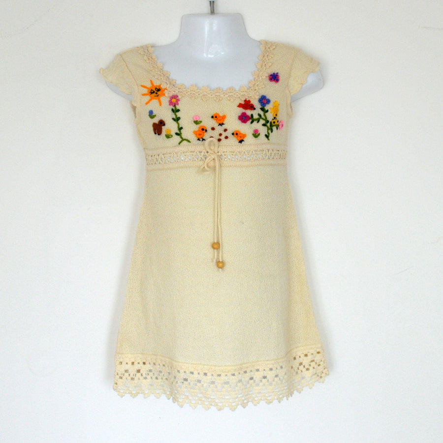 Cream Lace-Hem Hand-Embroidered Cotton Summer Dress