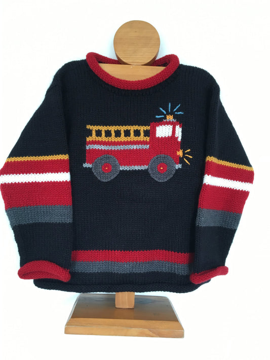 Midnight Navy Fire Engine Hand-Embroidered Alpaca Kids Jumper