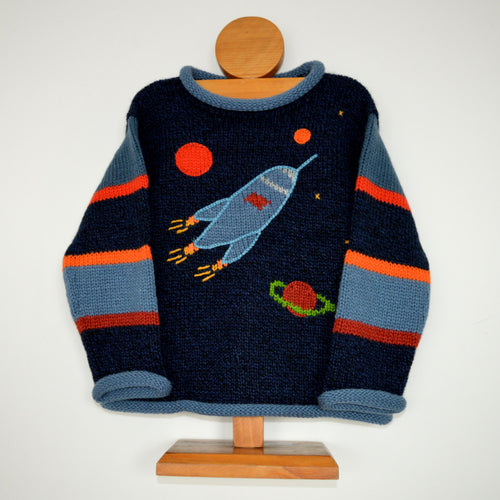 Navy Space Rocket Hand-Embroidered Alpaca Kids Jumper