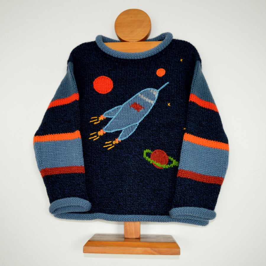 Navy Space Rocket Hand-Embroidered Alpaca Kids Jumper
