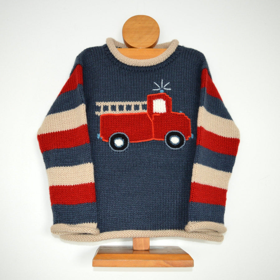 Denim Blue Fire Engine Hand-Embroidered Alpaca Kids Jumper