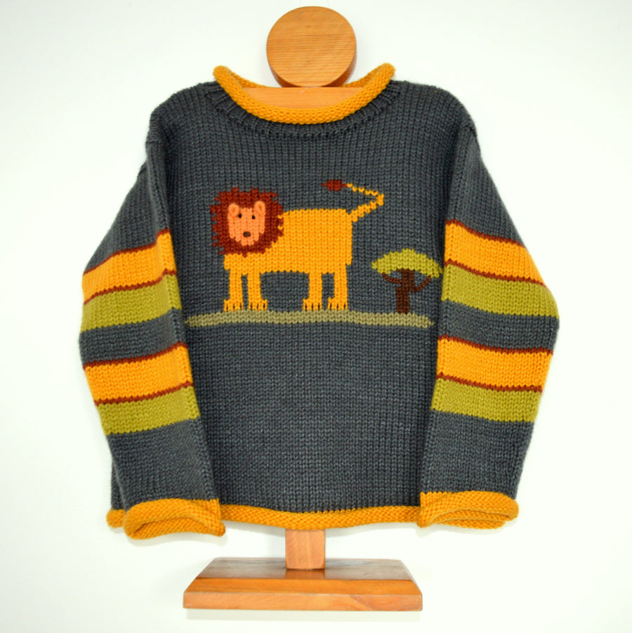 Charcoal Grey Lion Hand-Embroidered Alpaca Kids Jumper