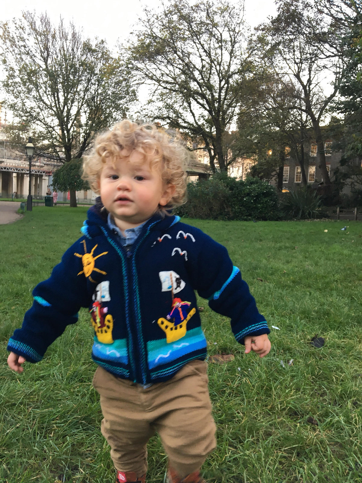 Navy Pirate Ship Hand-Embroidered Fleece-Lined Kids Cardigan