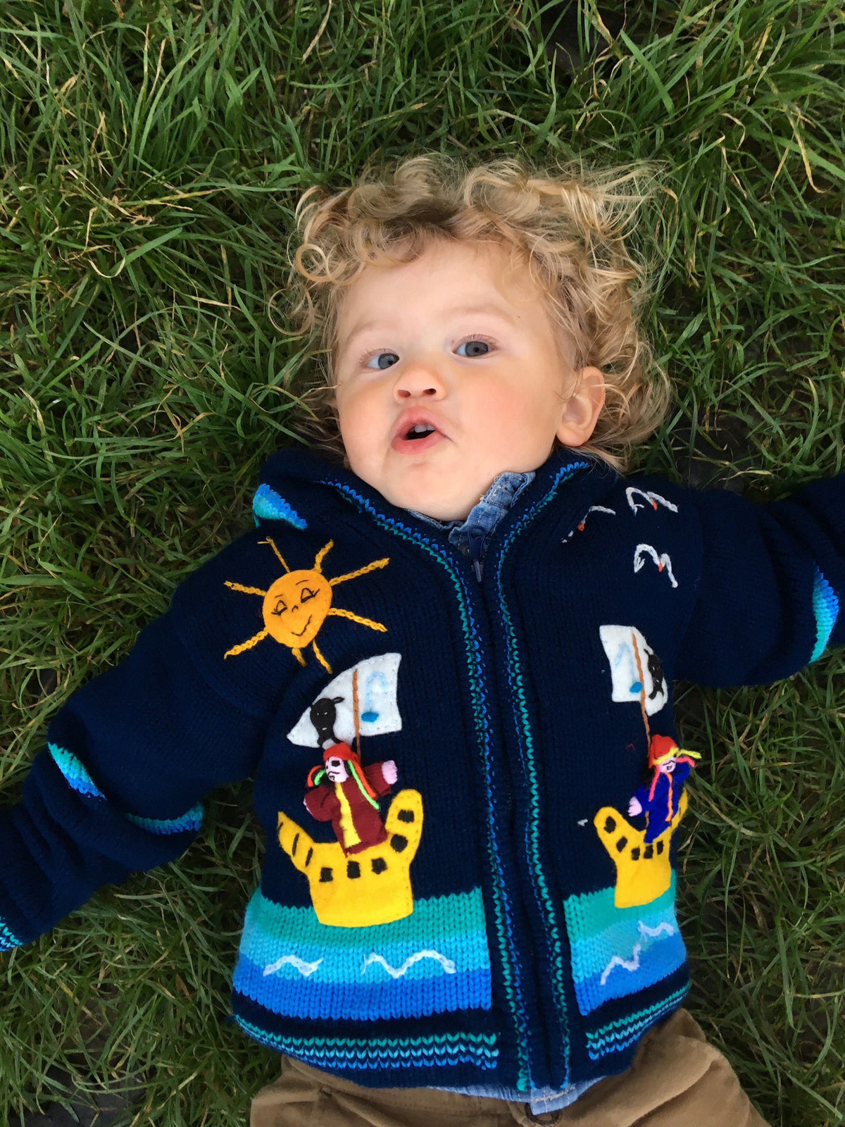 Navy Pirate Ship Hand-Embroidered Fleece-Lined Kids Cardigan
