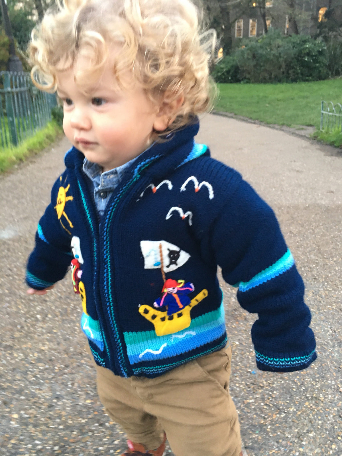 Navy Pirate Ship Hand-Embroidered Fleece-Lined Kids Cardigan