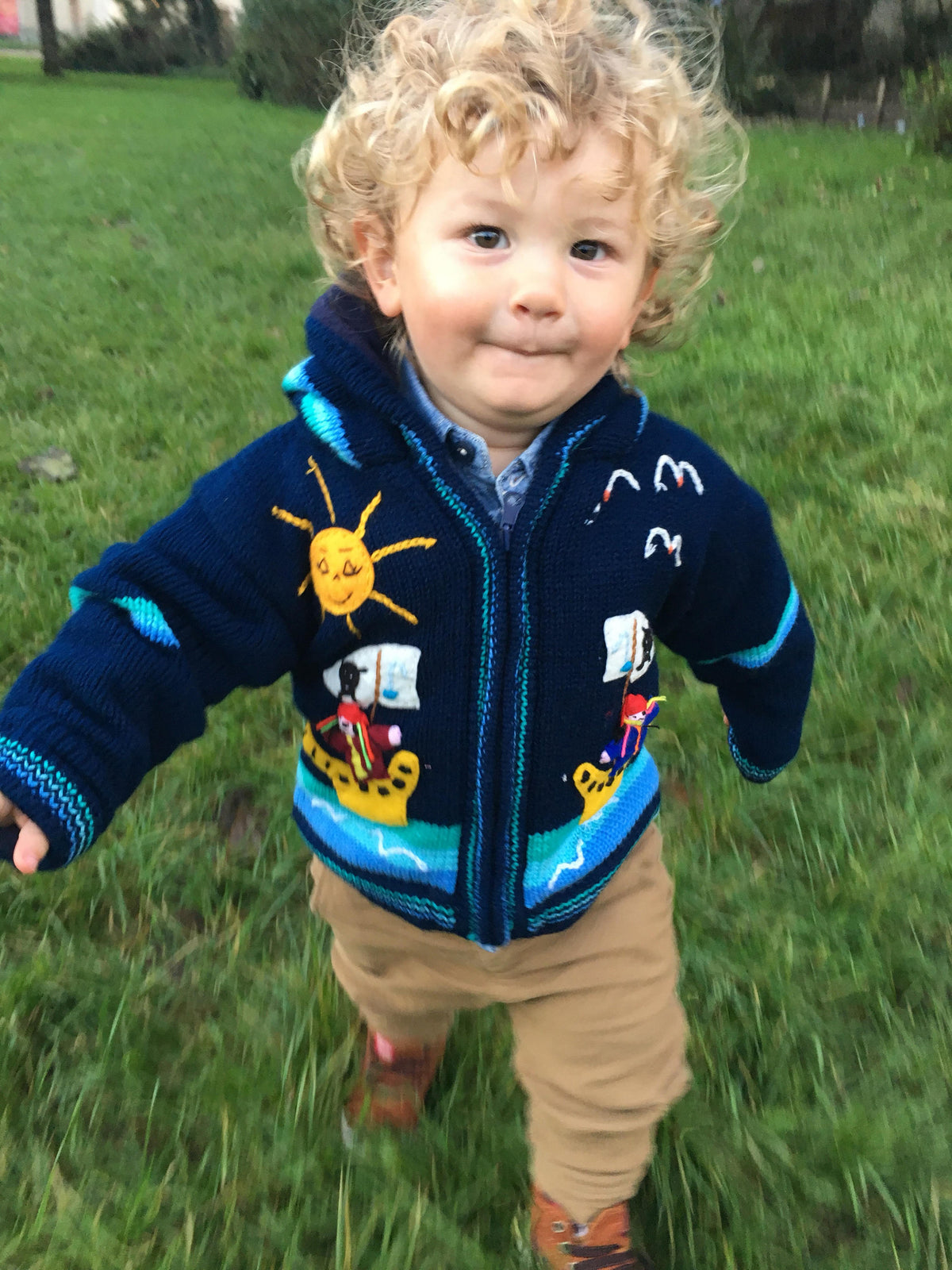 Navy Pirate Ship Hand-Embroidered Fleece-Lined Kids Cardigan