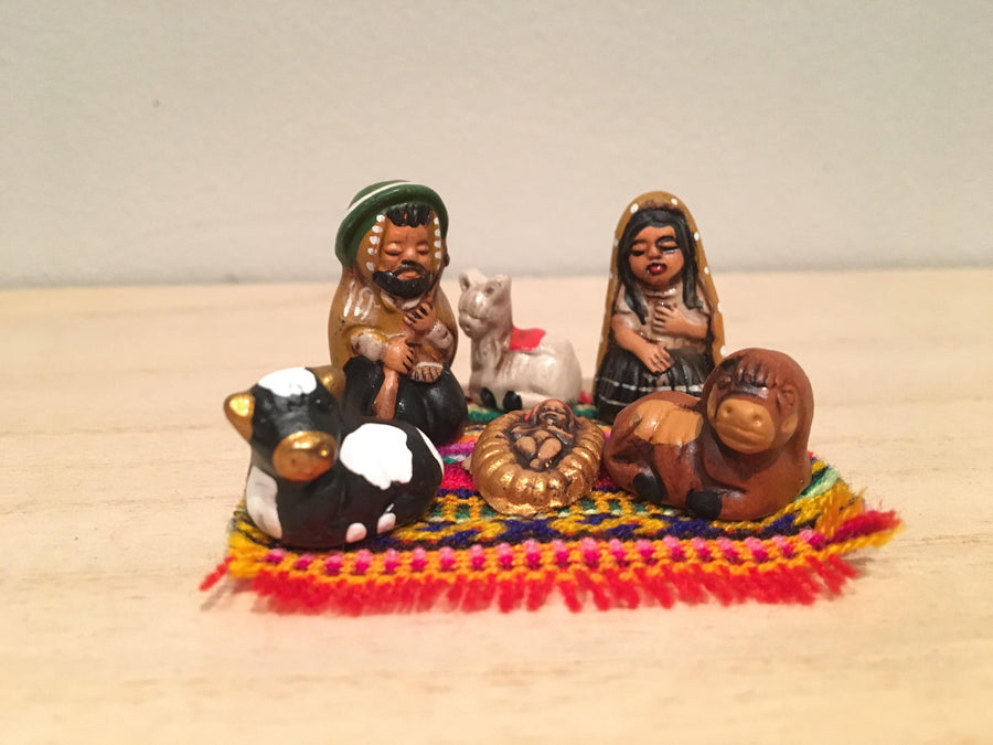 Tiny Peruvian Ceramic Nativity Set on Woven Cloth