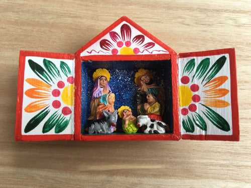 Red Hand-Painted Retablo Nativity Box