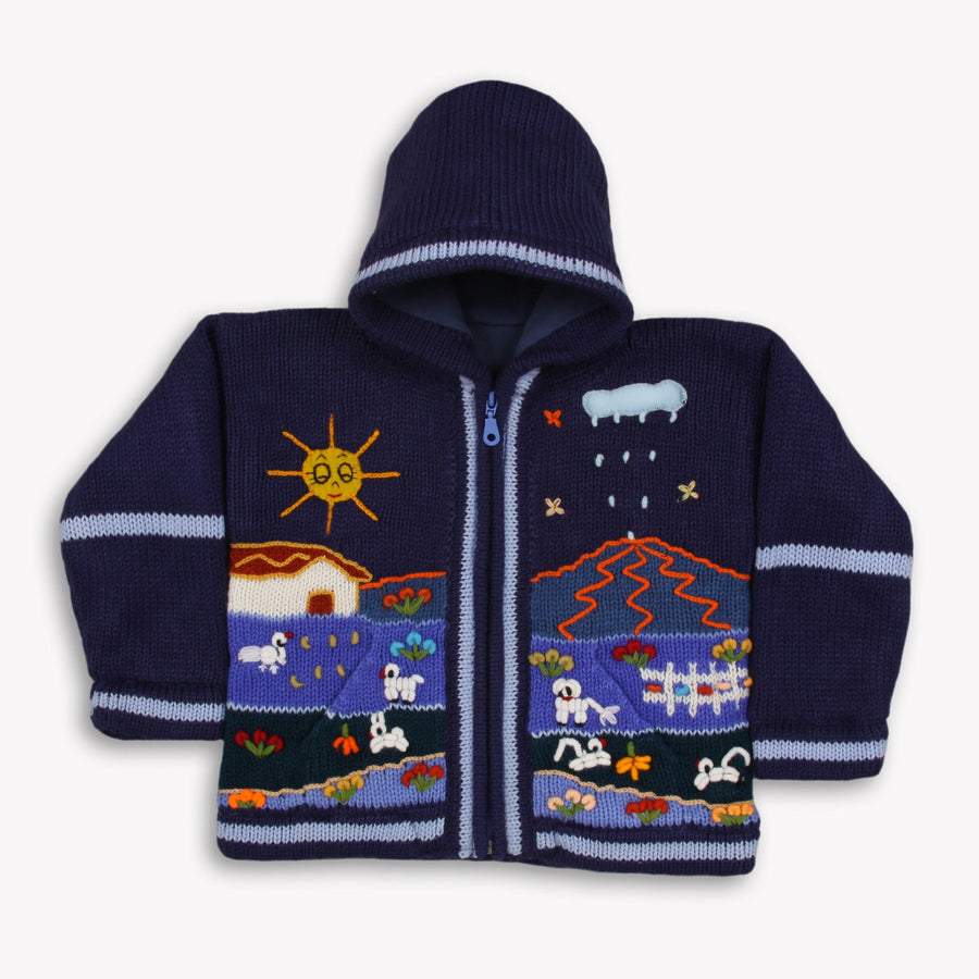 Navy Hand-Embroidered Fleece-Lined Kids Cardigan