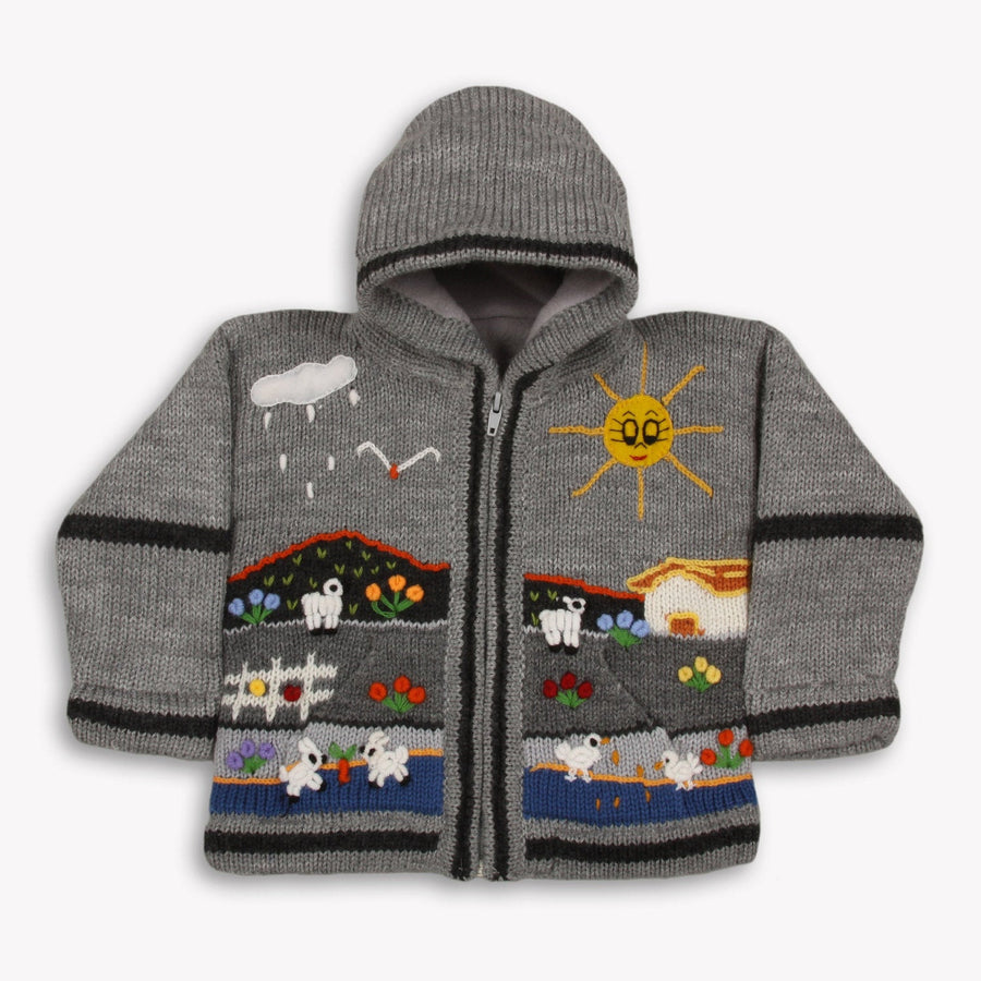 Grey Hand-Embroidered Fleece-Lined Kids Cardigan