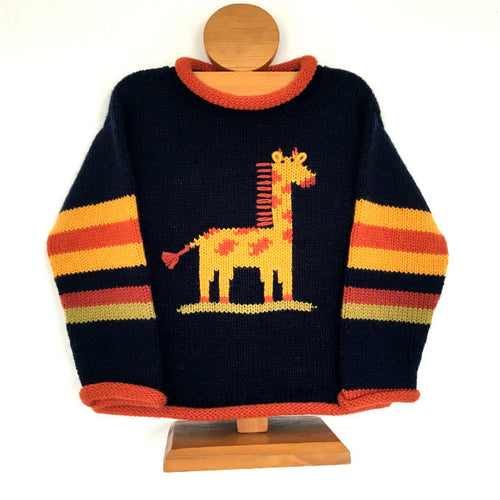 Navy Giraffe Hand-Embroidered Alpaca Kids Jumper