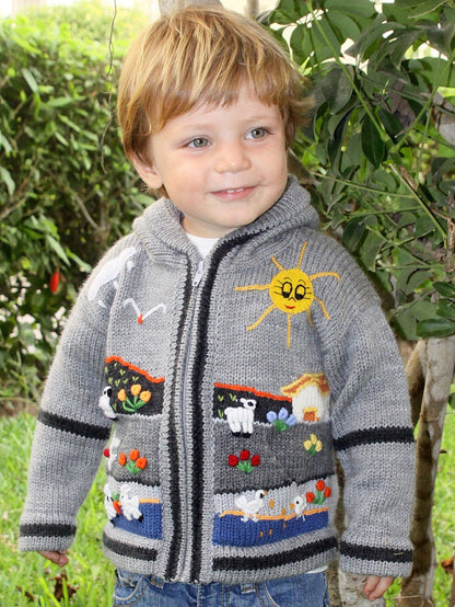Boy/Baby/Children/Kids Grey fleece lined knitted Cardigan/Sweater/Jacket/Coat with hand embroidered applications